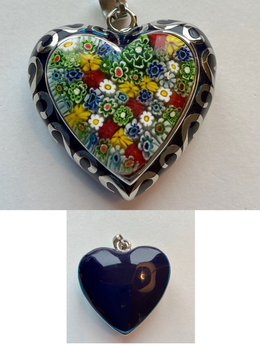 VTG Murano-style millefiori reversible Art Glass Heart Pendant Large 2” High